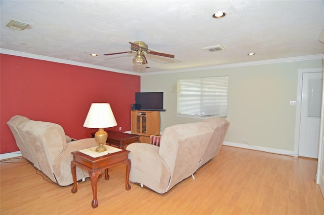 2719 Sweetgum St, Pasadena, TX 77502 - living room with light wood-style floors, ceiling fan, baseboards, crown molding, and recessed lighting