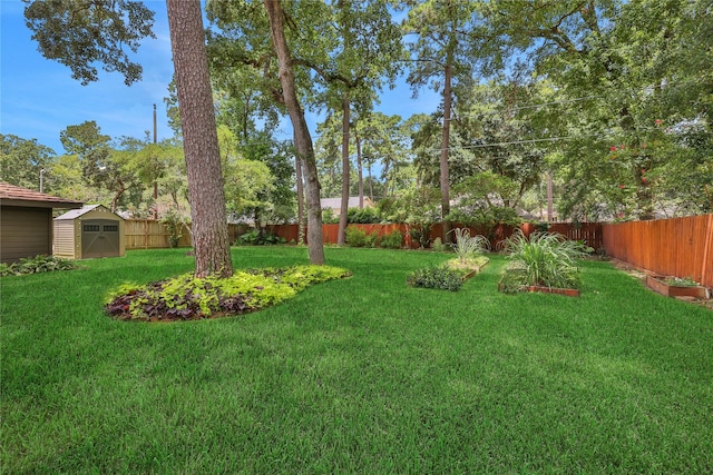 6522 Coral Ridge Rd, Houston, TX 77069 - view of yard featuring an outdoor structure, a fenced backyard, and a shed