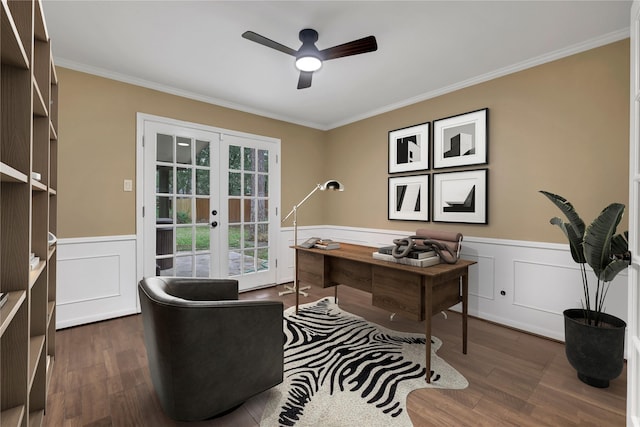 6522 Coral Ridge Rd, Houston, TX 77069 - home office featuring french doors, wainscoting, dark wood-style floors, and ceiling fan