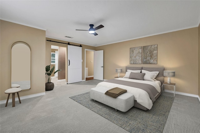 6522 Coral Ridge Rd, Houston, TX 77069 - bedroom featuring visible vents, baseboards, ornamental molding, light carpet, and a barn door