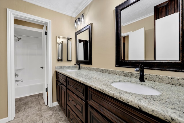 6522 Coral Ridge Rd, Houston, TX 77069 - bathroom featuring double vanity, crown molding, and a sink