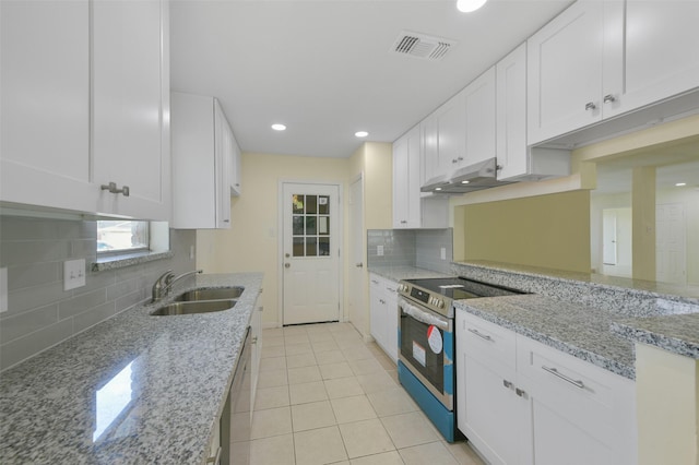 kitchen with white cabinets, decorative backsplash, stainless steel appliances, and a sink