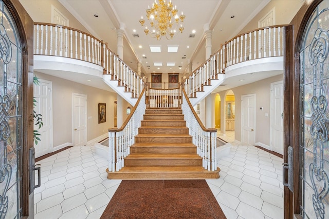 1204 Cowards Creek Dr, Friendswood, TX 77546 - entrance foyer featuring stairway, a high ceiling, tile patterned flooring, baseboards, and recessed lighting