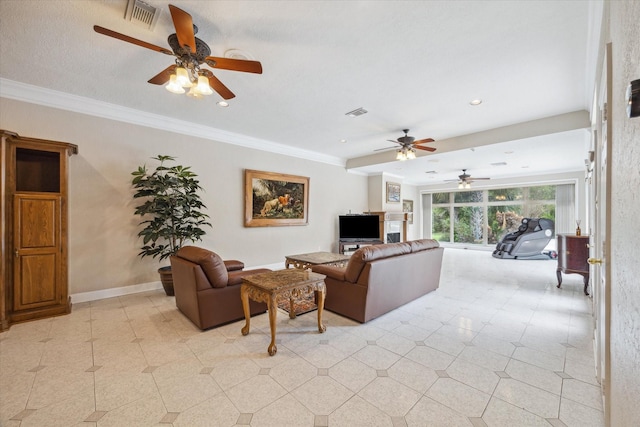1204 Cowards Creek Dr, Friendswood, TX 77546 - living area featuring baseboards, crown molding, visible vents, and a ceiling fan