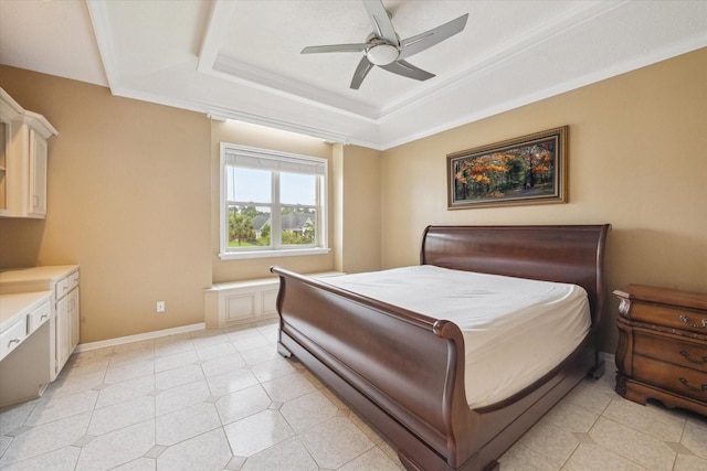 1204 Cowards Creek Dr, Friendswood, TX 77546 - bedroom with crown molding, a raised ceiling, light tile patterned floors, baseboards, and ceiling fan