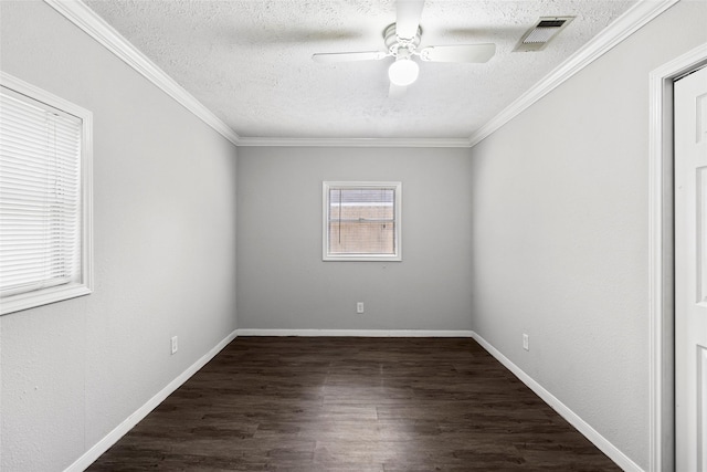12109 22nd St, Santa Fe, TX 77510 - empty room with a textured ceiling, ceiling fan, wood finished floors, and ornamental molding