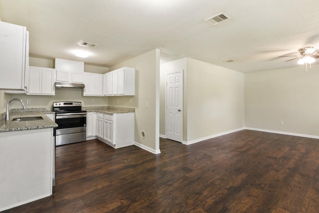 117 Craig St, Baytown, TX 77521 - kitchen with under cabinet range hood, stainless steel electric stove, a sink, light stone counters, and visible vents