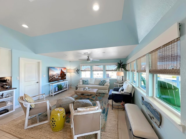 living area featuring a ceiling fan, light tile patterned floors, baseboards, visible vents, and recessed lighting