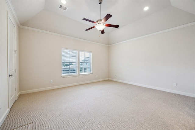 unfurnished room with ceiling fan, light carpet, baseboards, lofted ceiling, and visible vents