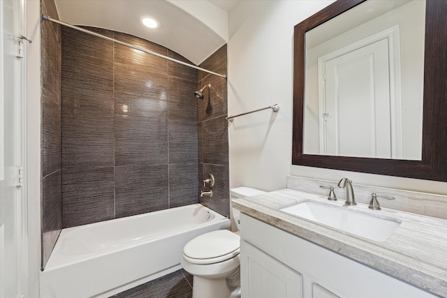 full bathroom with shower / tub combination, recessed lighting, toilet, and vanity