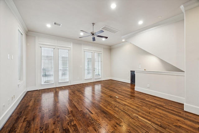 unfurnished living room featuring crown molding, ceiling fan, recessed lighting, wood finished floors, and visible vents