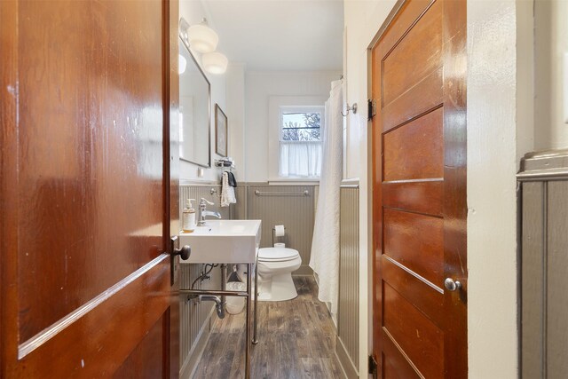 261 N Water St, La Grange, TX 78945 - bathroom featuring a wainscoted wall, ornamental molding, toilet, wood finished floors, and a sink