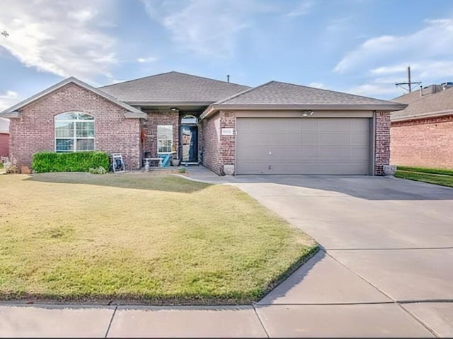 6115 100th St, Lubbock, TX 79424 - ranch-style house featuring driveway, a shingled roof, an attached garage, brick siding, and a front lawn