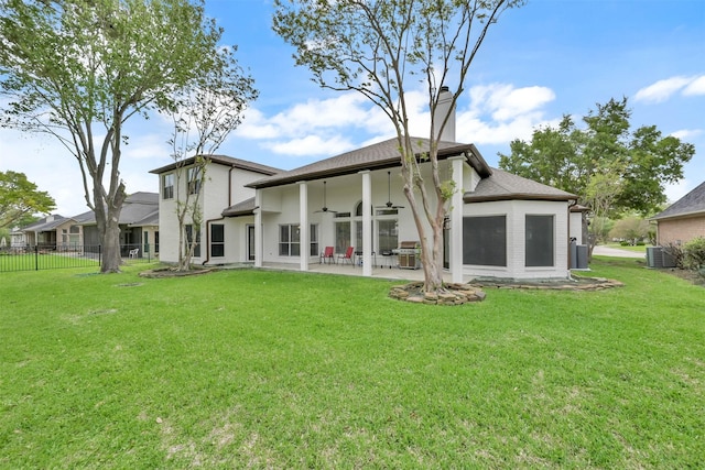 108 Somerton Dr, Montgomery, TX 77356 - rear view of property with a ceiling fan, a patio area, central AC unit, and a chimney