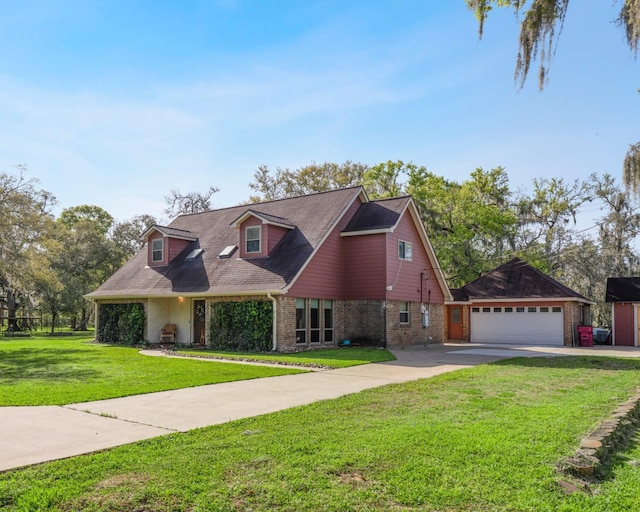 8300 Fm 1459th Rd, Sweeny, TX 77480 - cape cod-style house with brick siding, an outbuilding, driveway, and a front yard