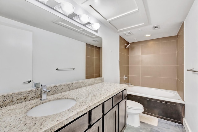 bathroom with visible vents,  shower combination, toilet, and vanity
