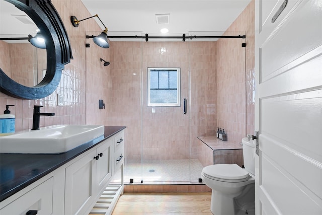 1731 Spur 458, Carmine, TX 78932 - bathroom with tile walls, toilet, a stall shower, vanity, and tasteful backsplash