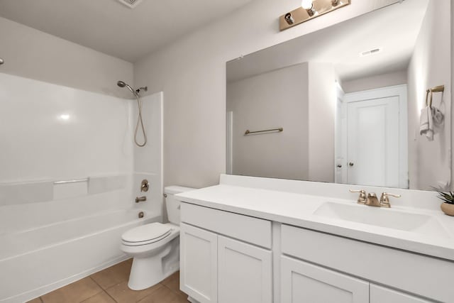 full bathroom featuring tile patterned floors, shower / bathtub combination, visible vents, toilet, and vanity