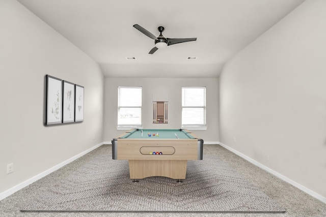playroom with carpet flooring, pool table, baseboards, and ceiling fan