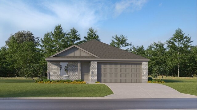 ranch-style house with brick siding, an attached garage, a front yard, and concrete driveway