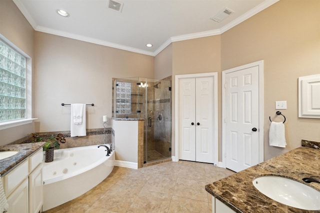 full bathroom with a stall shower, ornamental molding, vanity, and visible vents