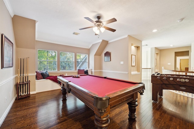 playroom featuring pool table, baseboards, ornamental molding, ceiling fan, and hardwood / wood-style flooring