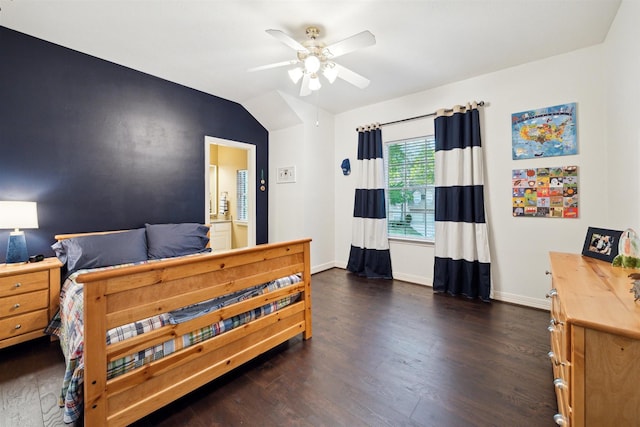 bedroom with vaulted ceiling, baseboards, a ceiling fan, and dark wood-style floors