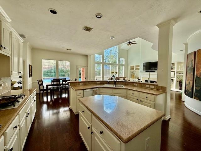 kitchen with a ceiling fan, stainless steel gas stovetop, dark wood-style flooring, visible vents, and a sink