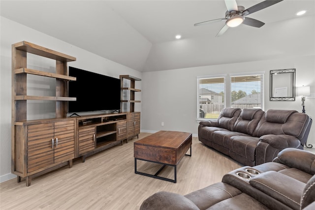 119 Comber Rd, Magnolia, TX 77354 - living room with light wood finished floors, lofted ceiling, baseboards, ceiling fan, and recessed lighting