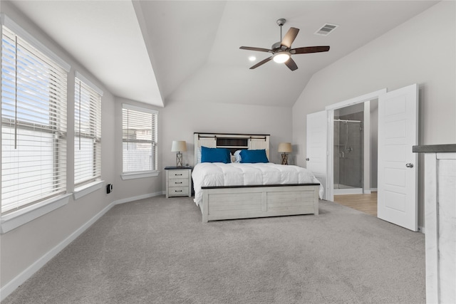 119 Comber Rd, Magnolia, TX 77354 - bedroom featuring baseboards, visible vents, vaulted ceiling, and light carpet