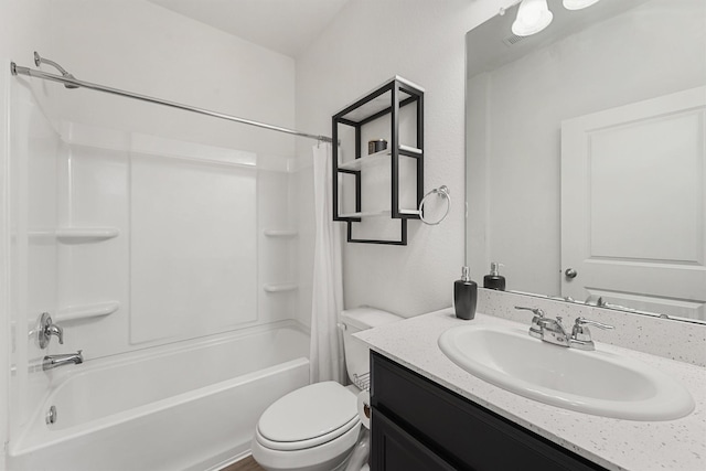 bathroom featuring shower / bath combination with curtain, toilet, and vanity