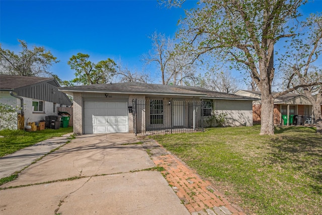 view of front of property featuring a front yard, brick siding, concrete driveway, and a garage