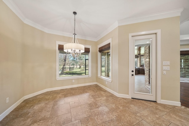 33922 High Point Dr, Magnolia, TX 77355 - unfurnished dining area featuring a chandelier, ornamental molding, and stone finish flooring