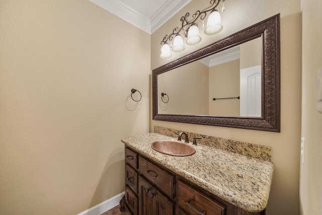 33922 High Point Dr, Magnolia, TX 77355 - bathroom featuring ornamental molding, vanity, and baseboards