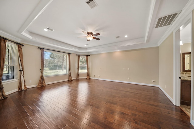 33922 High Point Dr, Magnolia, TX 77355 - empty room featuring a tray ceiling, ceiling fan, dark wood-style flooring, crown molding, and recessed lighting