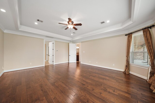 33922 High Point Dr, Magnolia, TX 77355 - empty room featuring a tray ceiling, a ceiling fan, crown molding, dark wood-type flooring, and recessed lighting