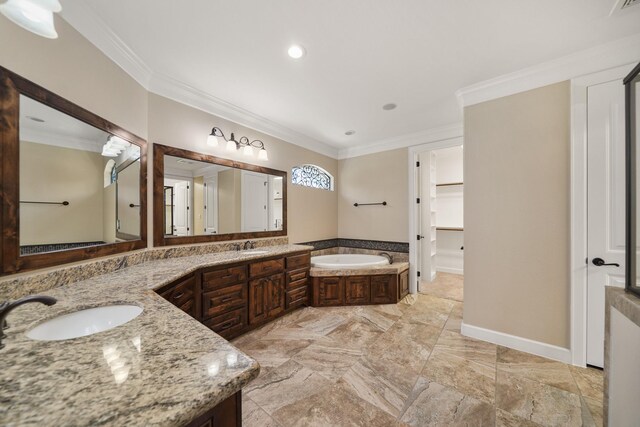 33922 High Point Dr, Magnolia, TX 77355 - bathroom featuring double vanity, ornamental molding, a garden tub, and recessed lighting