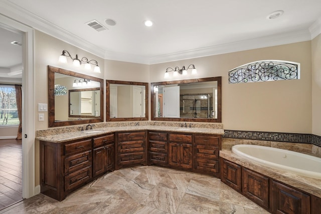 33922 High Point Dr, Magnolia, TX 77355 - full bathroom with ornamental molding, double vanity, a bath, and a stall shower