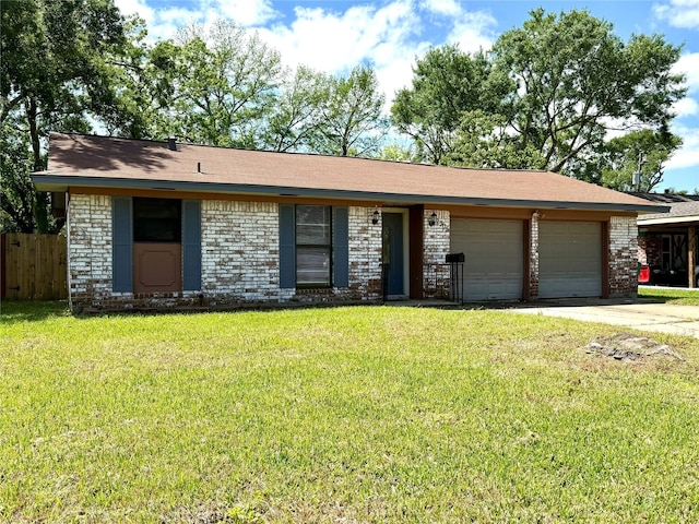 ranch-style home featuring brick siding, an attached garage, a front yard, and fence
