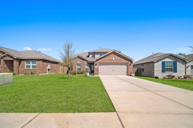 7623 Square Garden Ln, Conroe, TX 77304 - view of front of house featuring brick siding, an attached garage, concrete driveway, and a front lawn