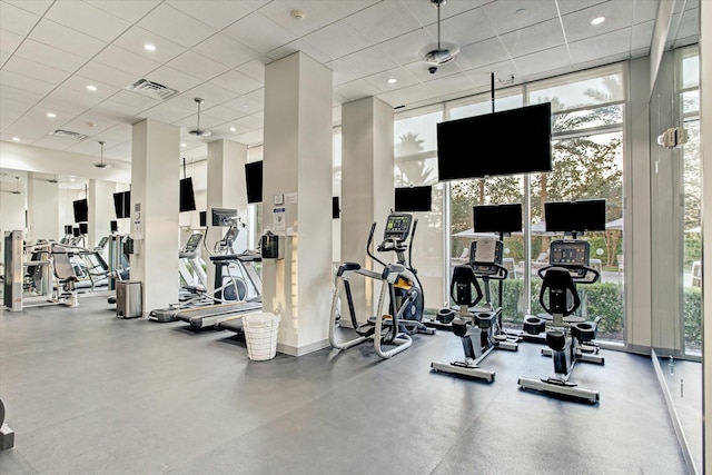 3333 Allen Pkwy Unit 701, Houston, TX 77019 - workout area with plenty of natural light, expansive windows, a paneled ceiling, and a towering ceiling
