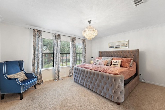 bedroom featuring crown molding, visible vents, carpet flooring, and a notable chandelier