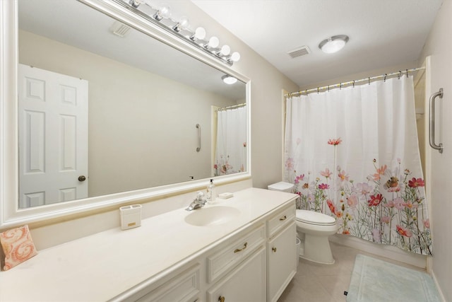 full bath featuring visible vents, a shower with curtain, toilet, vanity, and tile patterned floors