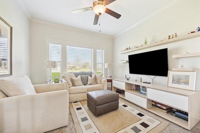 2688 Settlers Way Dr, Sealy, TX 77474 - living room with a ceiling fan and ornamental molding