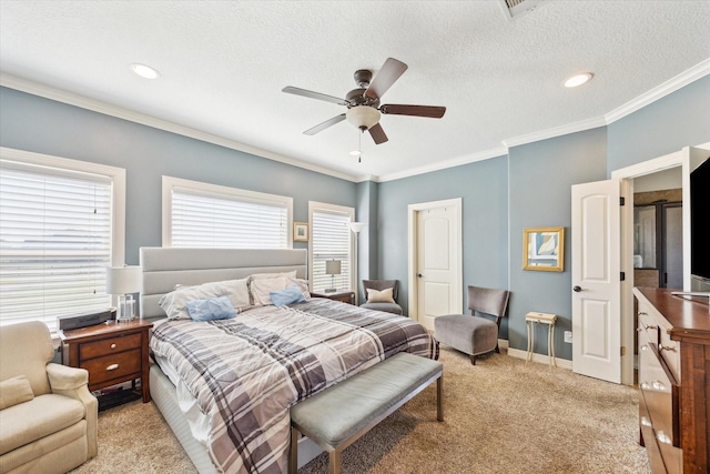 2688 Settlers Way Dr, Sealy, TX 77474 - bedroom with ornamental molding, baseboards, a textured ceiling, a ceiling fan, and light carpet