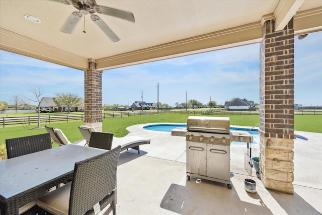 2688 Settlers Way Dr, Sealy, TX 77474 - view of patio / terrace with a fenced backyard, outdoor dining area, a grill, and ceiling fan