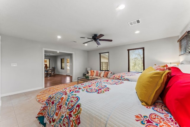 bedroom with recessed lighting, baseboards, light tile patterned flooring, ceiling fan, and visible vents