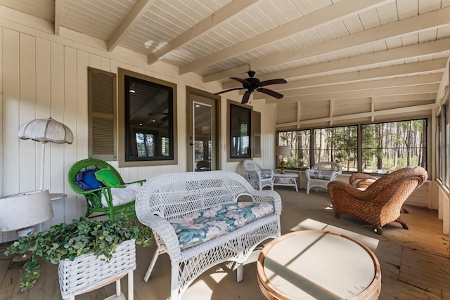 sunroom with an outdoor hangout area, beam ceiling, and ceiling fan