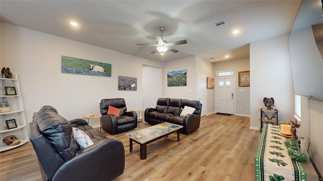21586 Jordan Pond Rdg, Porter, TX 77365 - living room with light wood-style floors, ceiling fan, baseboards, and recessed lighting