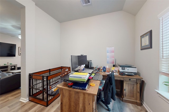 21586 Jordan Pond Rdg, Porter, TX 77365 - office space with wood finished floors, a ceiling fan, lofted ceiling, and baseboards